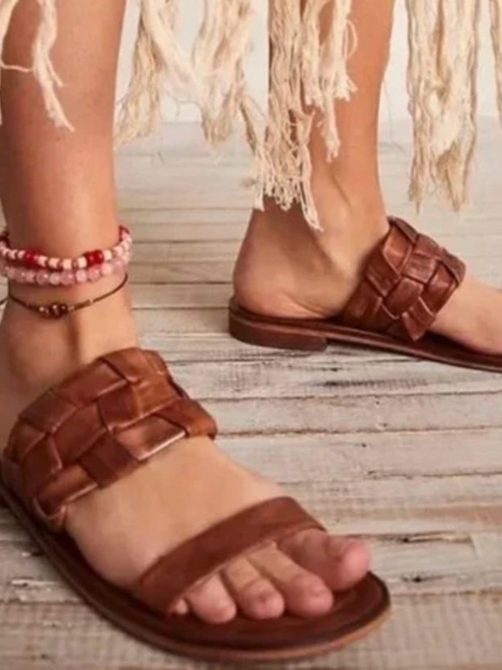 Free People Winding River Slide Sandals Woven Brown Leather Size 37/US7 $98